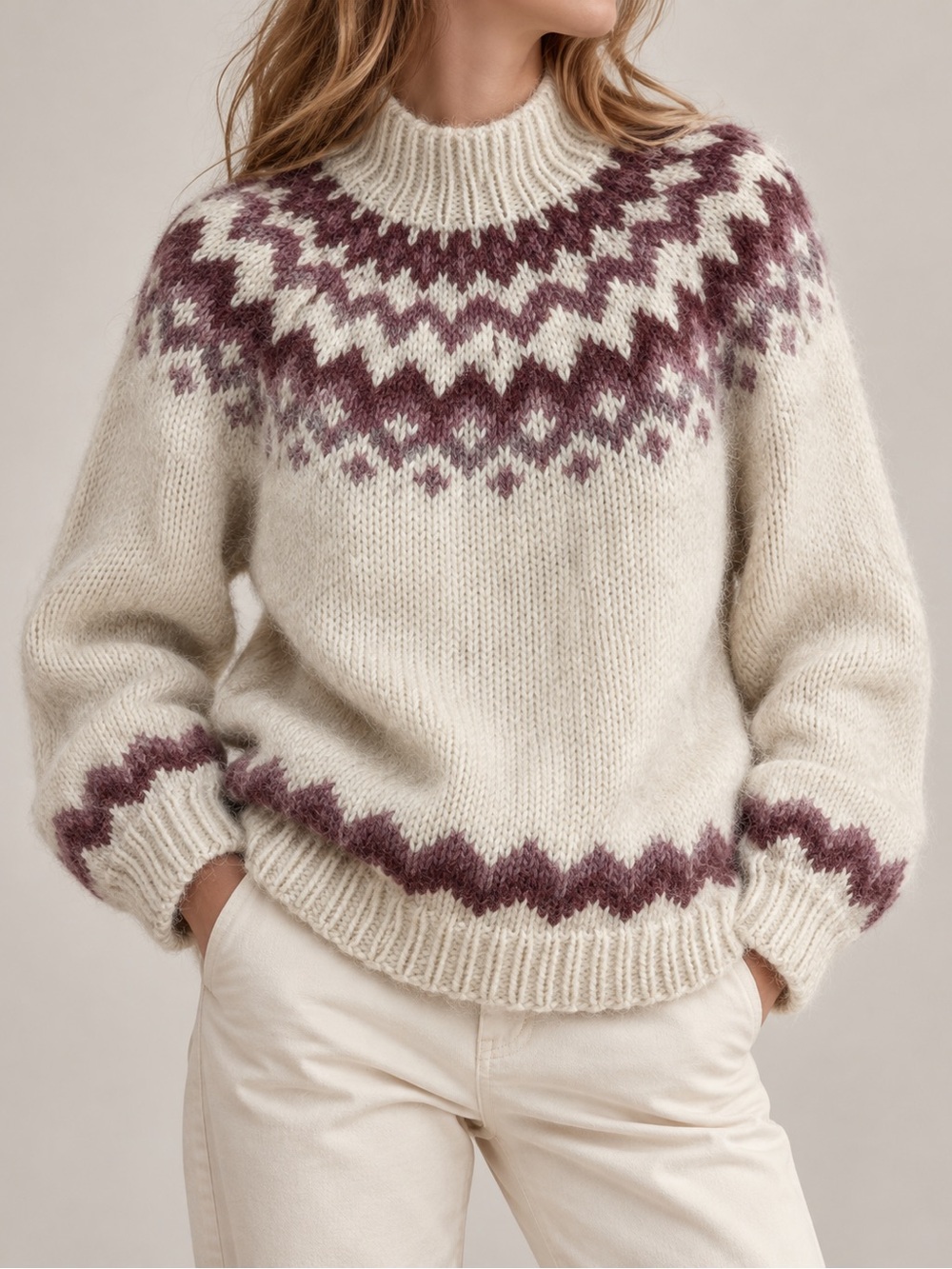 Handmade fair Isle Knit funnel neck mohair + wool Cream & mauve Icelandic Nordic